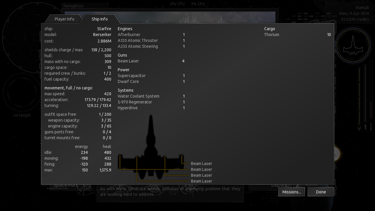 The ship info screen allows you to view all your ship's attributes in one place. If you are landed on a planet, you can also reorganize which weapons are mounted on which hardpoints.